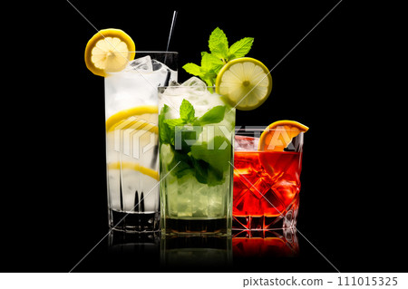 Set and collection of classic alcohol cocktails or mocktail isolated on white background with fresh summer fruits 111015325