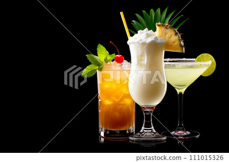 Set and collection of classic alcohol cocktails or mocktail isolated on white background with fresh summer fruits 111015326