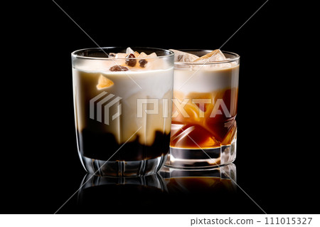 Set of White Russian cocktail featuring layers of cream, coffee liqueur and vodka 111015327
