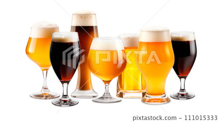 Set of Beer glasses on a white background. Mugs with drink like Ipa, Pale Ale, Pilsner, Porter or Stout 111015333