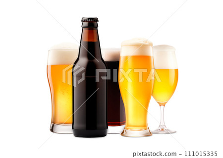 Set of Beer glasses and bottles on a white background. Mugs with drink like Ipa, Pale Ale, Pilsner, Porter or Stout Set of Beer glasses and bottles on a white background. Mugs with drink like Ipa, Pale Ale, Pilsner, Porter or Stout 111015335