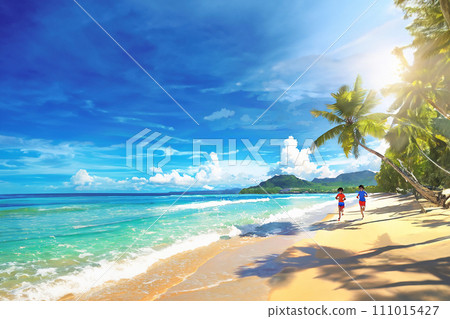 人們在藍天下沿著南部島嶼的海灘邊奔跑 111015427