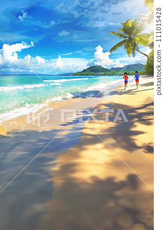 人們在藍天下沿著南部島嶼的海灘邊奔跑 111015428