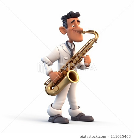 Cheerful musician saxophonist, funny cute cartoon 3d illustration on white background, creative avatar Cheerful musician saxophonist, funny cute cartoon 3d illustration on white background, creative avatar 111015463