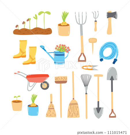 Set of hand drawn garden elements. Cartoon flat illustration of farm equipment, agriculture items Set of hand drawn garden elements. Cartoon flat illustration of farm equipment, agriculture items 111015471