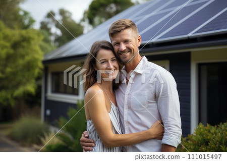 AI-generated content. A happy couple stands smiling in the a large house with solar panels installed. Generative AI AI-generated content. A happy couple stands smiling in the a large house with solar panels installed. Generative AI 111015497