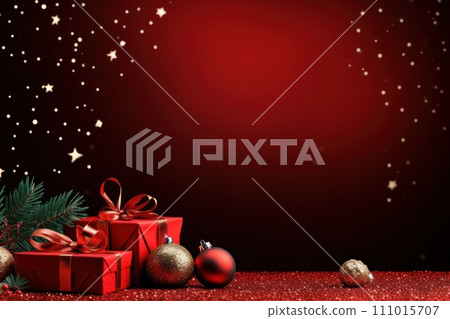 AI-generated content. Merry Christmas banner with blank space for text, red background. Generative AI AI-generated content. Merry Christmas banner with blank space for text, red background. Generative AI 111015707