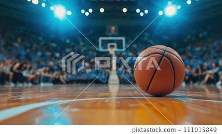 AI-generated content. Low angle shot of a basketball court with a ball. Generative AI 111015849