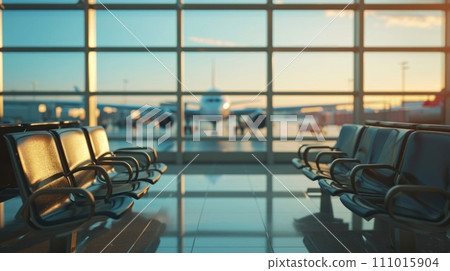 AI-generated content. Seats in an airport and see an airplane through the window. Generative AI 111015904