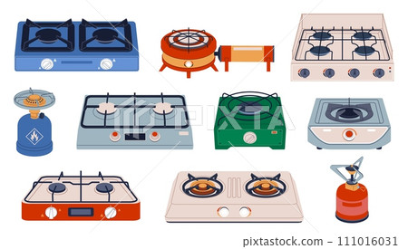 Camping stove. Expedition heating device, cooking in nature, portable outdoor burners, propane fuel, furnaces for picnic, propane hob butane, cartoon flat isolated nowaday vector set Camping stove. Expedition heating device, cooking in nature, portable outdoor burners, propane fuel, furnaces for picnic, propane hob butane, cartoon flat isolated nowaday vector set 111016031