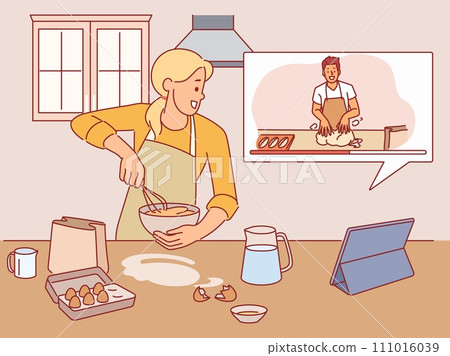 Girl cooks according to video recipe. Woman watches cooking blog, whipping eggs, online education, homemade food preparing, vlog or show channel with culinary tutorial cartoon vector concept Girl cooks according to video recipe. Woman watches cooking blog, whipping eggs, online education, homemade food preparing, vlog or show channel with culinary tutorial cartoon vector concept 111016039