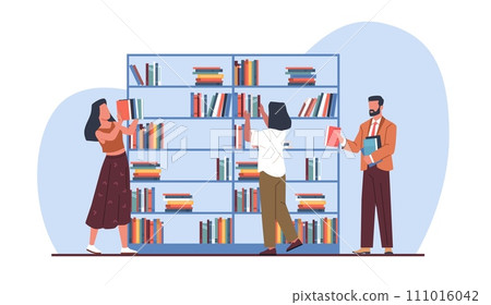 Library staff put books on shelves. Men and women near bookshelf. Shop workers. Knowledge and education. Reading people. Happy bookworms. Cartoon flat style isolated vector concept Library staff put books on shelves. Men and women near bookshelf. Shop workers. Knowledge and education. Reading people. Happy bookworms. Cartoon flat style isolated vector concept 111016042