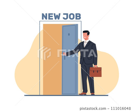 Man in suit opens door to new job. Successful businessman in suit with briefcase. Career opportunities. Employee development. Cartoon flat style illustration. Vector beginning startup concept Man in suit opens door to new job. Successful businessman in suit with briefcase. Career opportunities. Employee development. Cartoon flat style illustration. Vector beginning startup concept 111016048