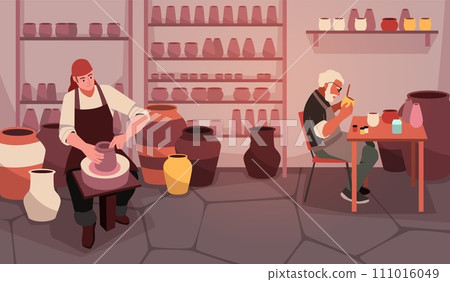 People hobby. Professional potters in workshop at work, making pottery process, master and student, craft learning, craftsman in creative art studio, cartoon flat tidy vector concept 111016049