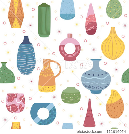 Seamless pattern with vases. Handmade contemporary pottery or porcelain. Boho interior, Decor textile, wrapping paper, wallpaper design. Print for fabric, cartoon isolated vector concept 111016054