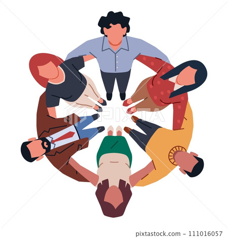 Team huddle. Business people looks up, gathered in circle, hugging employees, successful collaboration, joint work, men and women unity, cartoon flat isolated nowaday vector concept 111016057