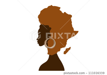 Concept of African woman, face profile silhouette with turban in the shape of a map of Africa. Afro tribal logo design template Vector illustration isolated on white background Concept of African woman, face profile silhouette with turban in the shape of a map of Africa. Afro tribal logo design template Vector illustration isolated on white background 111016339