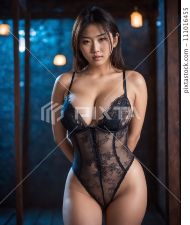 an asian woman in black lingerie posing for the camera 111016455