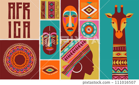 Africa patterned design. African background, banner with tribal traditional grunge pattern, elements 111016507