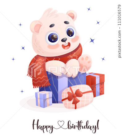 Happy polar bear cub with gift boxes. Greeting card Happy birthday. Cartoon animal character. Vector illustration. Kids collection. 111016579