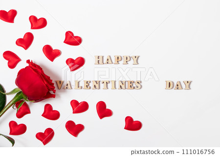 Valentine's day lettering. Red roses and hearts on white background. 111016756