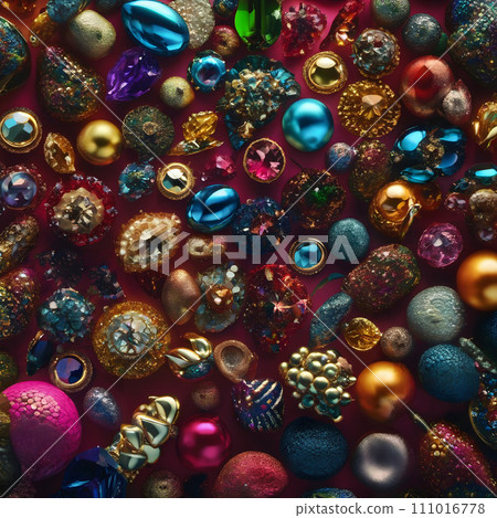 AI-generated content. An assortment of colorful christmas decorations and baubles. 111016778
