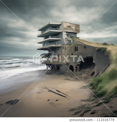 AI-generated content. A large dilapidated building suffering from coastal erosion. 111016779
