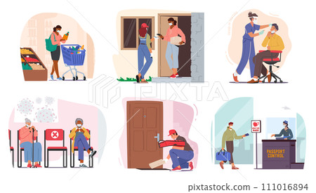 Vector Set of People Characters Don Protective Masks, Covering Their Noses And Mouths, A Common Sight In Public Spaces 111016894