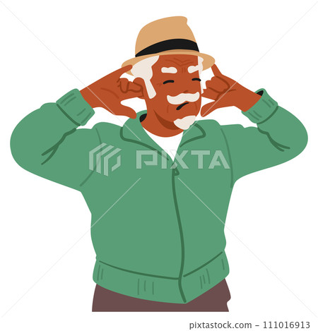 Elderly Man Expressing Discomfort, Disapproval, Or Offense By Shutting His Ears With A Pained Or Indignant Expression Elderly Man Expressing Discomfort, Disapproval, Or Offense By Shutting His Ears With A Pained Or Indignant Expression 111016913