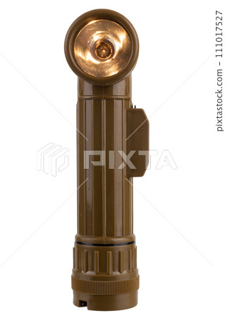 vintage military style flashlight with yellow light isolated on white 111017527