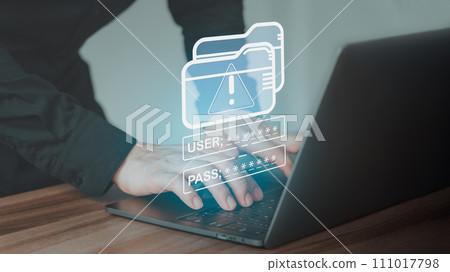 Employee downloading computer files or installing software on laptop computer, but the username and password was entered incorrectly. Concept of cloud storage technology, data backup, cyber security. Employee downloading computer files or installing software on laptop computer, but the username and password was entered incorrectly. Concept of cloud storage technology, data backup, cyber security. 111017798