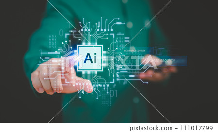 Chat with AI technology, User touch the virtual screen with Ai symbol for cybersecurity internet connect chatbot, Artificial Intelligence. Man using command prompt for generates something in design. 111017799