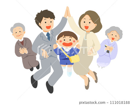 Illustration of a three generation family celebrating the entrance of a boy to kindergarten Illustration of a three generation family celebrating the entrance of a boy to kindergarten 111018188