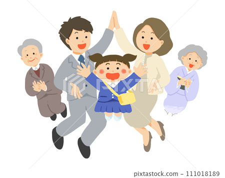 Illustration of a three generation family celebrating the entrance of a girl to kindergarten 111018189