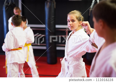 Children practicing new karate moves in pairs 111018228