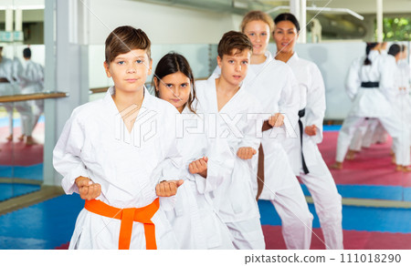 Boys and girls are studying karate technique in gym Boys and girls are studying karate technique in gym 111018290