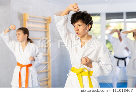 Group of children train karate techniques 111018467