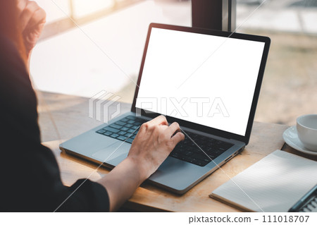Close-up back view of a business woman working in the office typing, looking at the screen. office worker using a notebook computer. Mock up. Blank screen for product display. 111018707