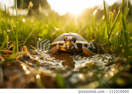 Sunlit Cute Little Turtle Outdoors Sunlit Cute Little Turtle Outdoors 111018900