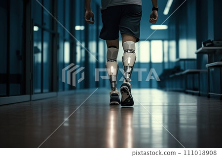 Unrecognizable Amputee Sportsman Walking with Bionic Prosthetic Legs 111018908