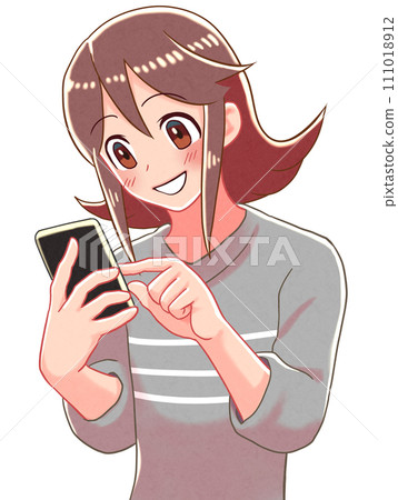 一個女孩敲打智能手機的插圖 一個女孩敲打智能手機的插圖 111018912