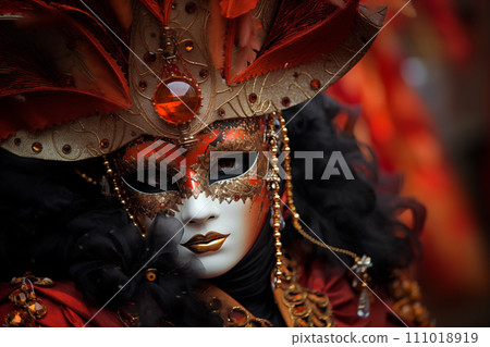 Elegant Person in Vibrant Carnival Costume and Mask at Venice Festival Elegant Person in Vibrant Carnival Costume and Mask at Venice Festival 111018919