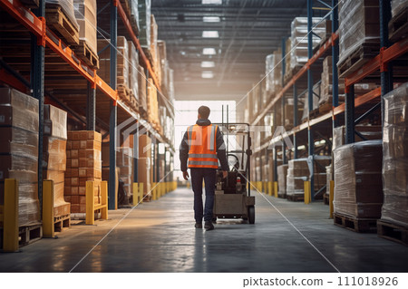 Warehouse Worker Operating Forklift Amidst Aisles with Packaged Goods 111018926