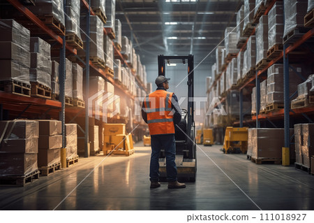 Warehouse Worker Operating Forklift Amidst Aisles with Packaged Goods 111018927