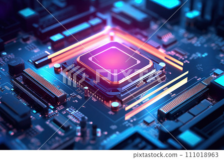 Close-up of a computer processor chip on a motherboard Close-up of a computer processor chip on a motherboard 111018963