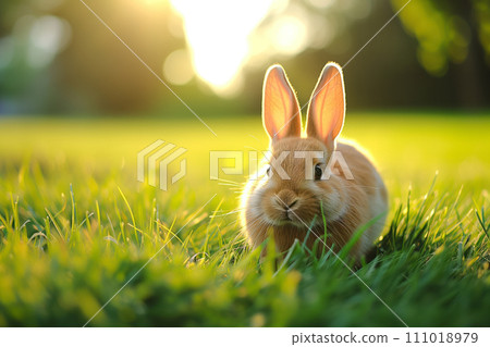 Bunny in Lush Green Field on Golden Hour 111018979