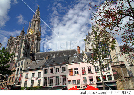 Antwerp, Belgium in Western Europe, cityscape with a view of the bell tower of Notre Dame Cathedral, a world cultural heritage site Antwerp, Belgium in Western Europe, cityscape with a view of the bell tower of Notre Dame Cathedral, a world cultural heritage site 111019327