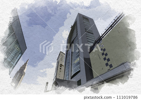 水彩風格的新宿站南口 JR 新宿大廈 東京都新宿區 水彩風格的新宿站南口 JR 新宿大廈 東京都新宿區 111019786
