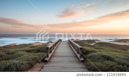 Empty wooden walkway on the ocean coast in the sunset time, pathway to beach, Generative AI 111019893