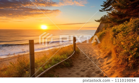 Empty wooden walkway on the ocean coast in the sunset time, pathway to beach, Generative AI 111019894